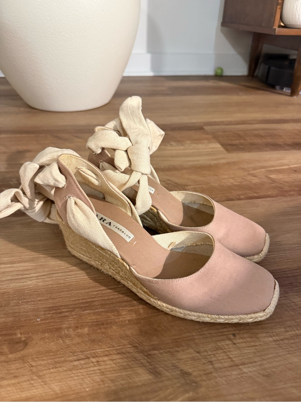 ZARA Taupe Canvas Espadrille Wedge Sandals with Ankle Wrap - Picture 2 of 9